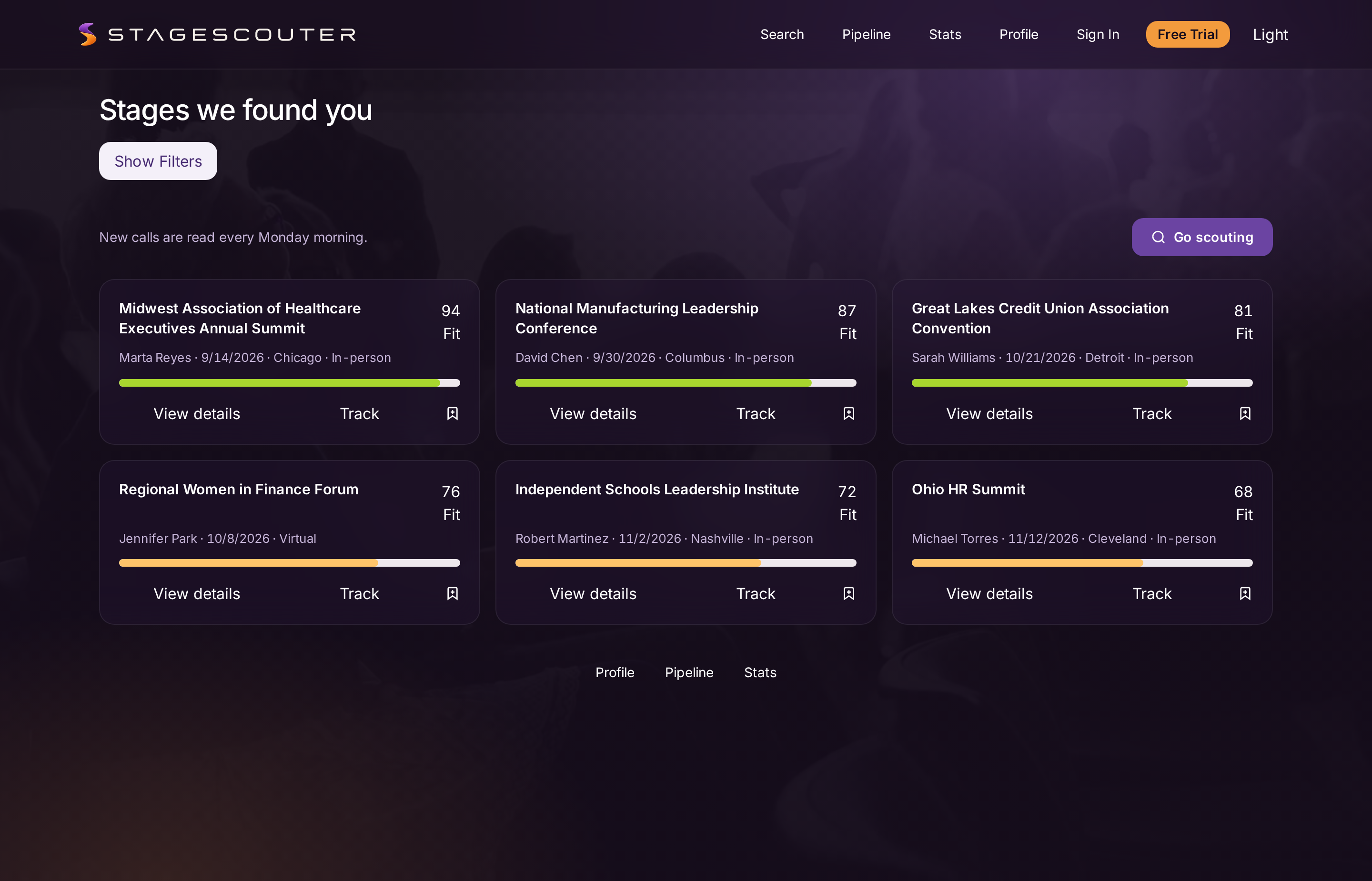 The StageScouter results screen showing six matched opportunities with fit scores